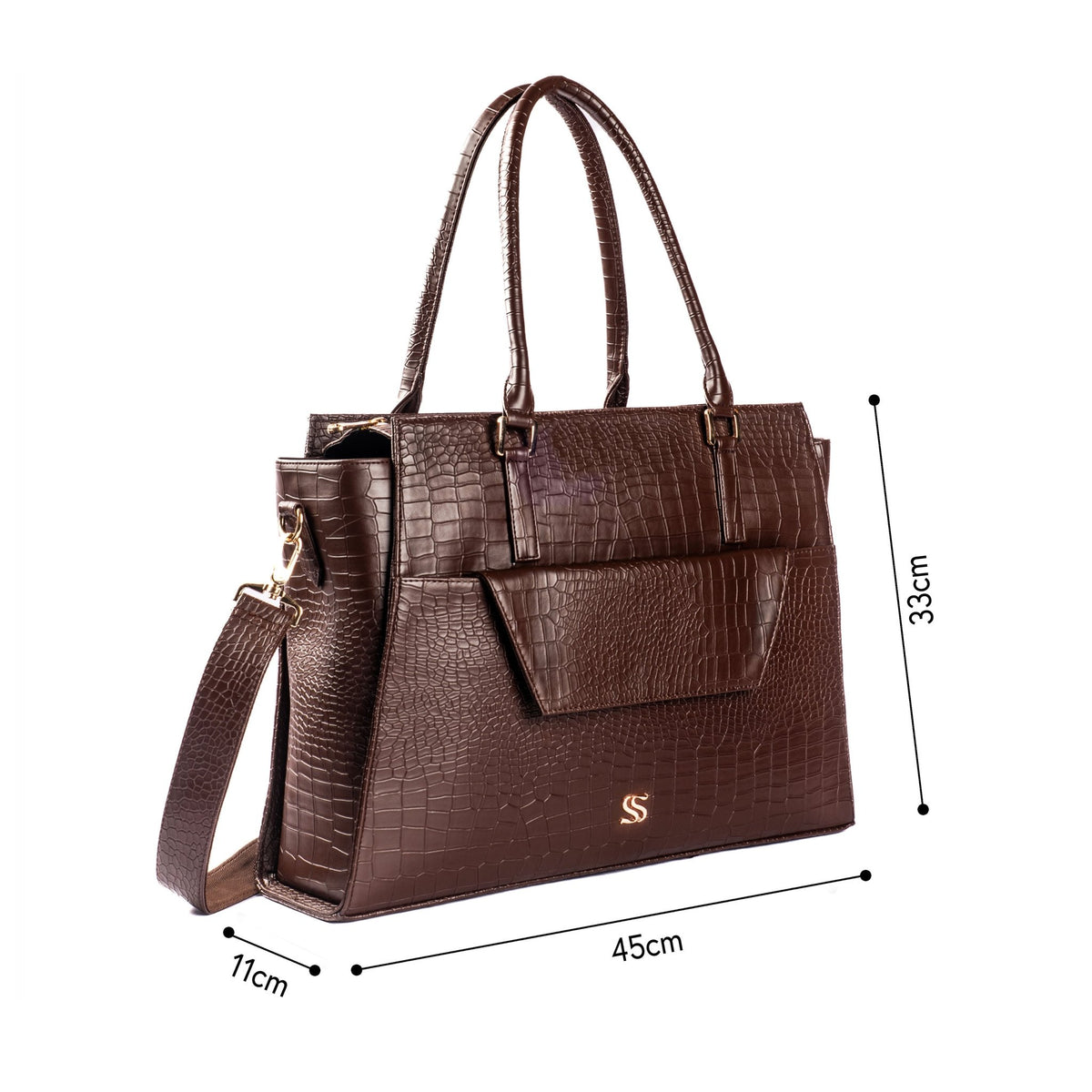 Dimensions view of brown croc-texture tote bag with shoulder strap and side pocket