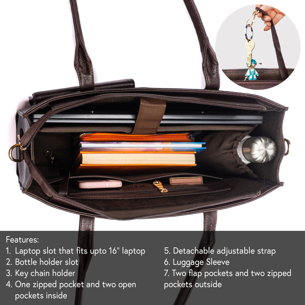 Open dark brown tote interior with multiple slip pockets and zip compartment