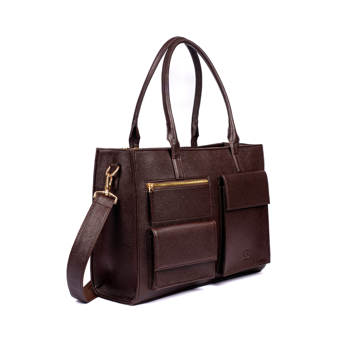 Dark brown tote bag with top handles, front pocket, and adjustable shoulder strap
