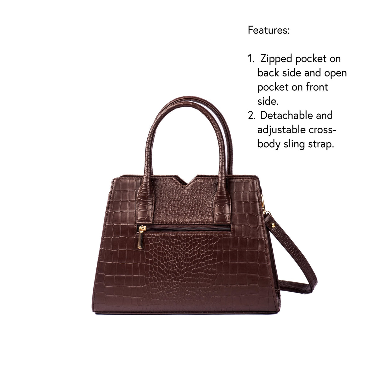 Mahogany croc-embossed handbag with top handles and detachable crossbody strap, gold hardware.