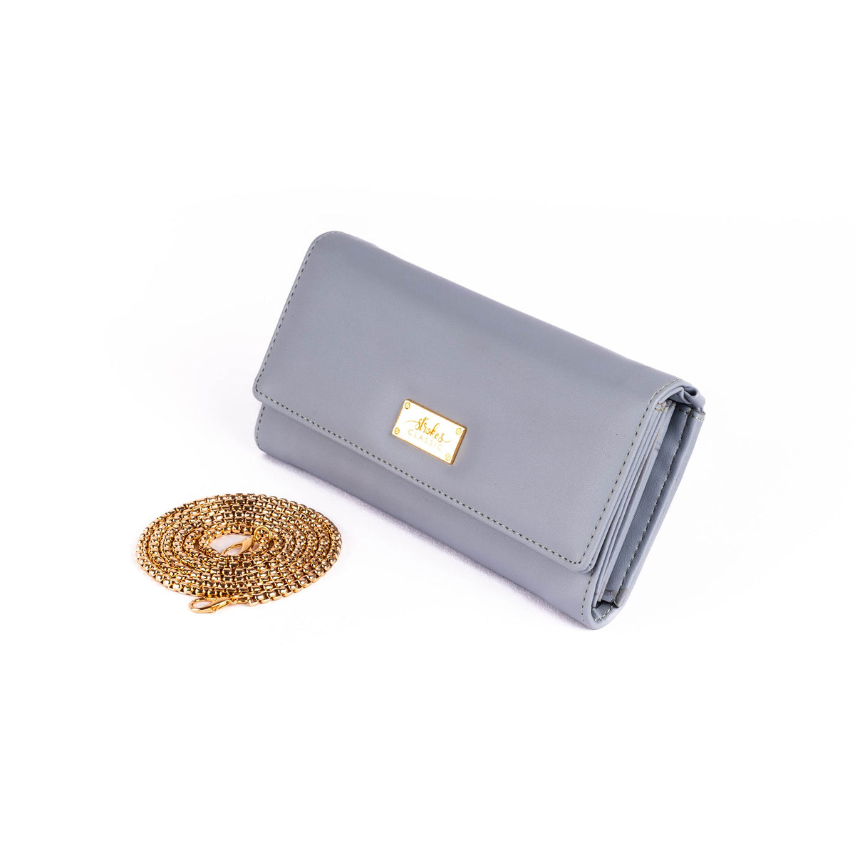 Light blue clutch wallet with gold front plate and attached gold chain strap