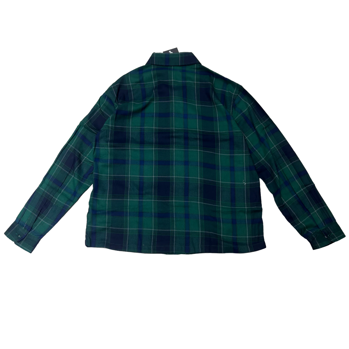 Green plaid button-up shirt back view with full-length check pattern
