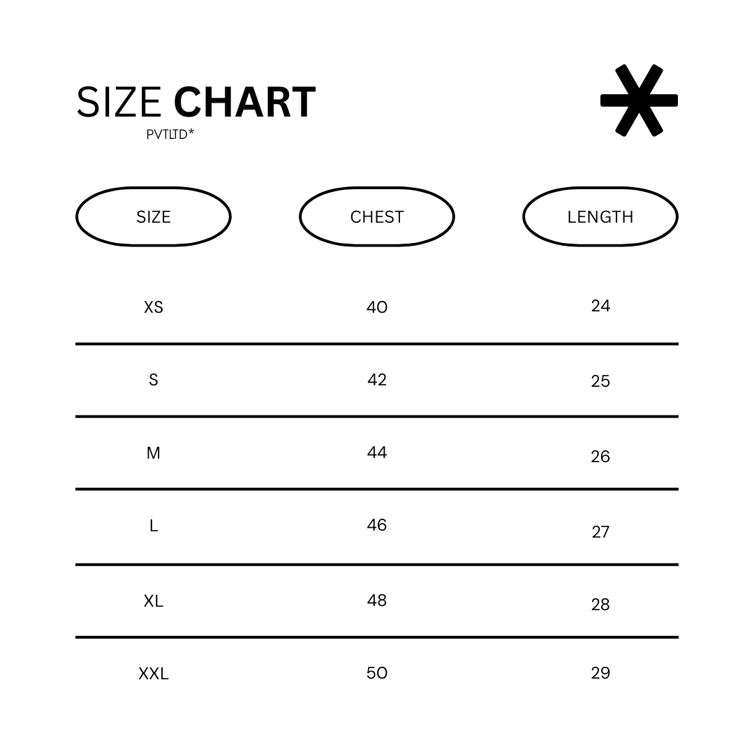 Size chart for NO AFTERPARTIES apparel: XS–XXL chest and length measurements.