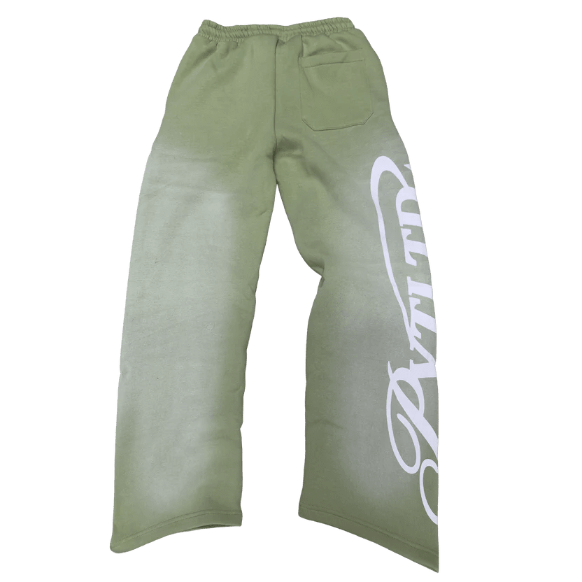 Light green track pants with white side logo print and elastic waistband