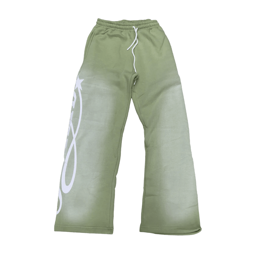 Light green wide-leg track pants with drawstring and white logo side print