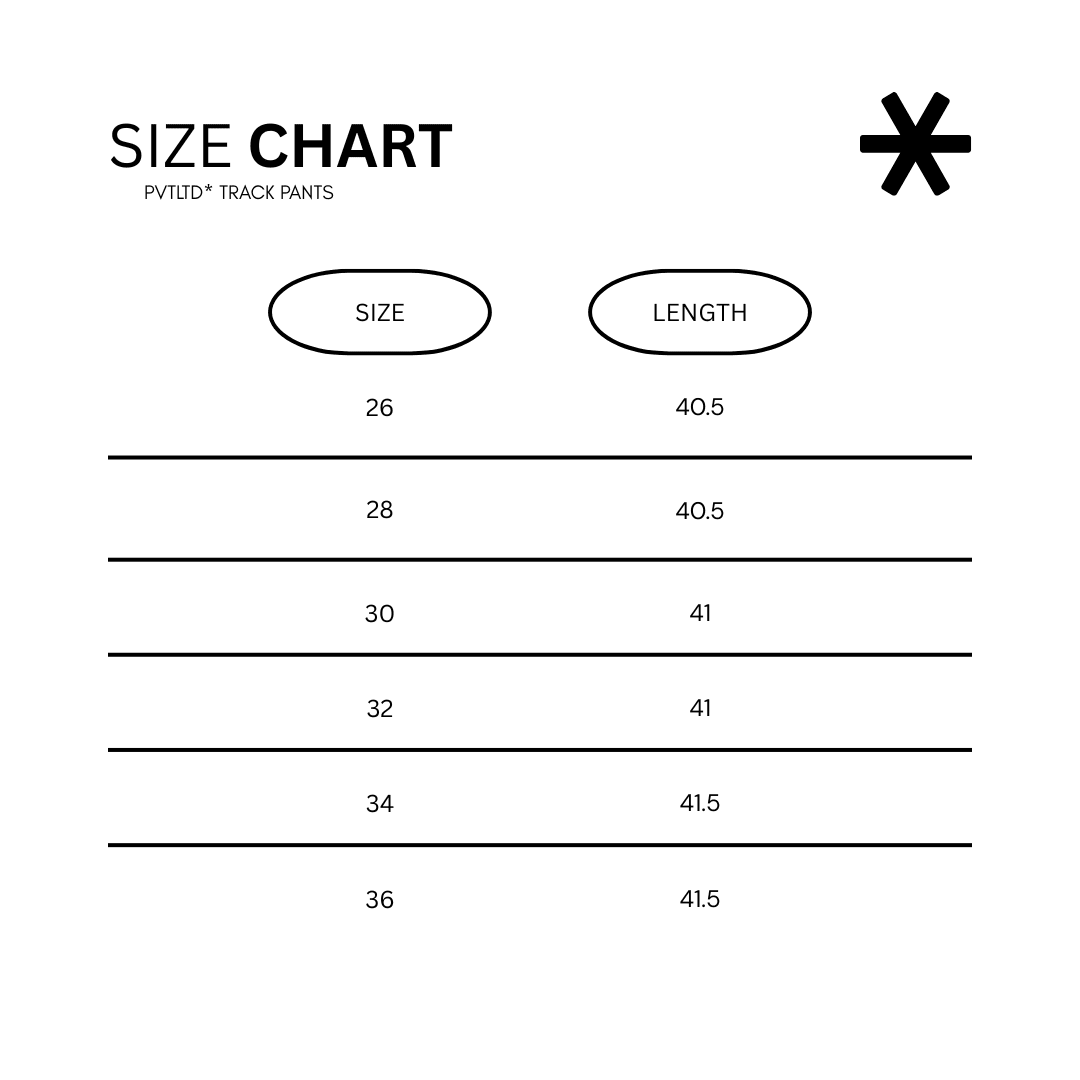 PVTLTD track pants size chart showing sizes 26–36 and lengths 40.5–41.5