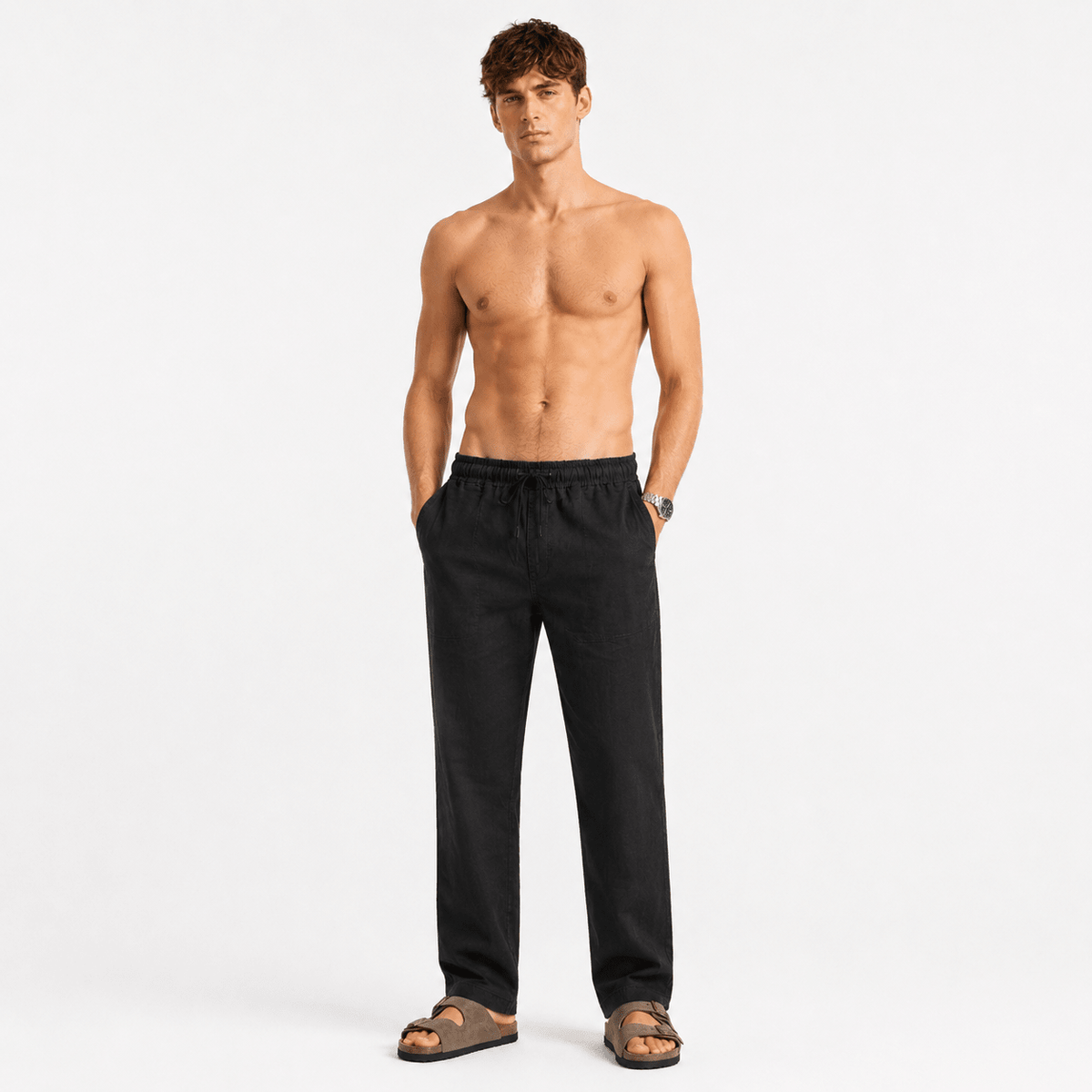 Black linen pull-on pants front view, elastic waistband with drawstring