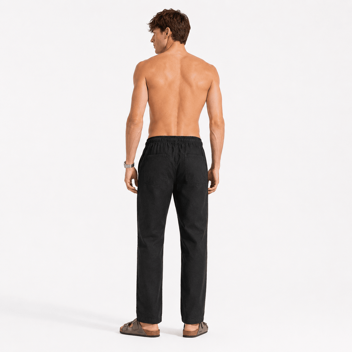 Black linen pull-on pants back view, relaxed straight legs