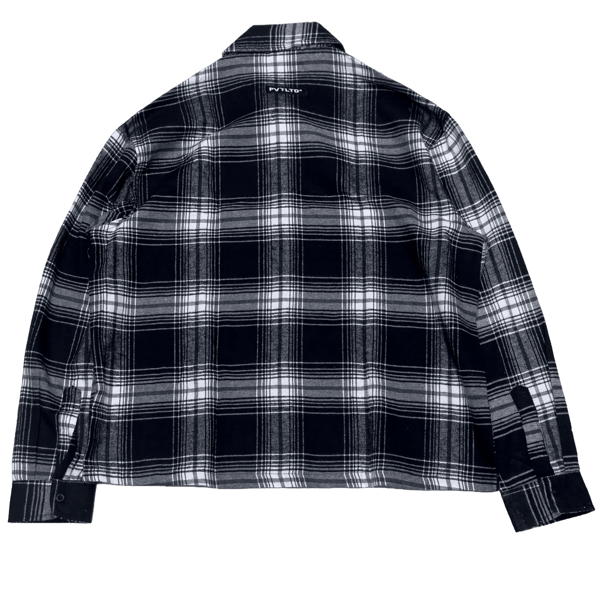 Back view of navy and white plaid button-up shirt with collar and yoke