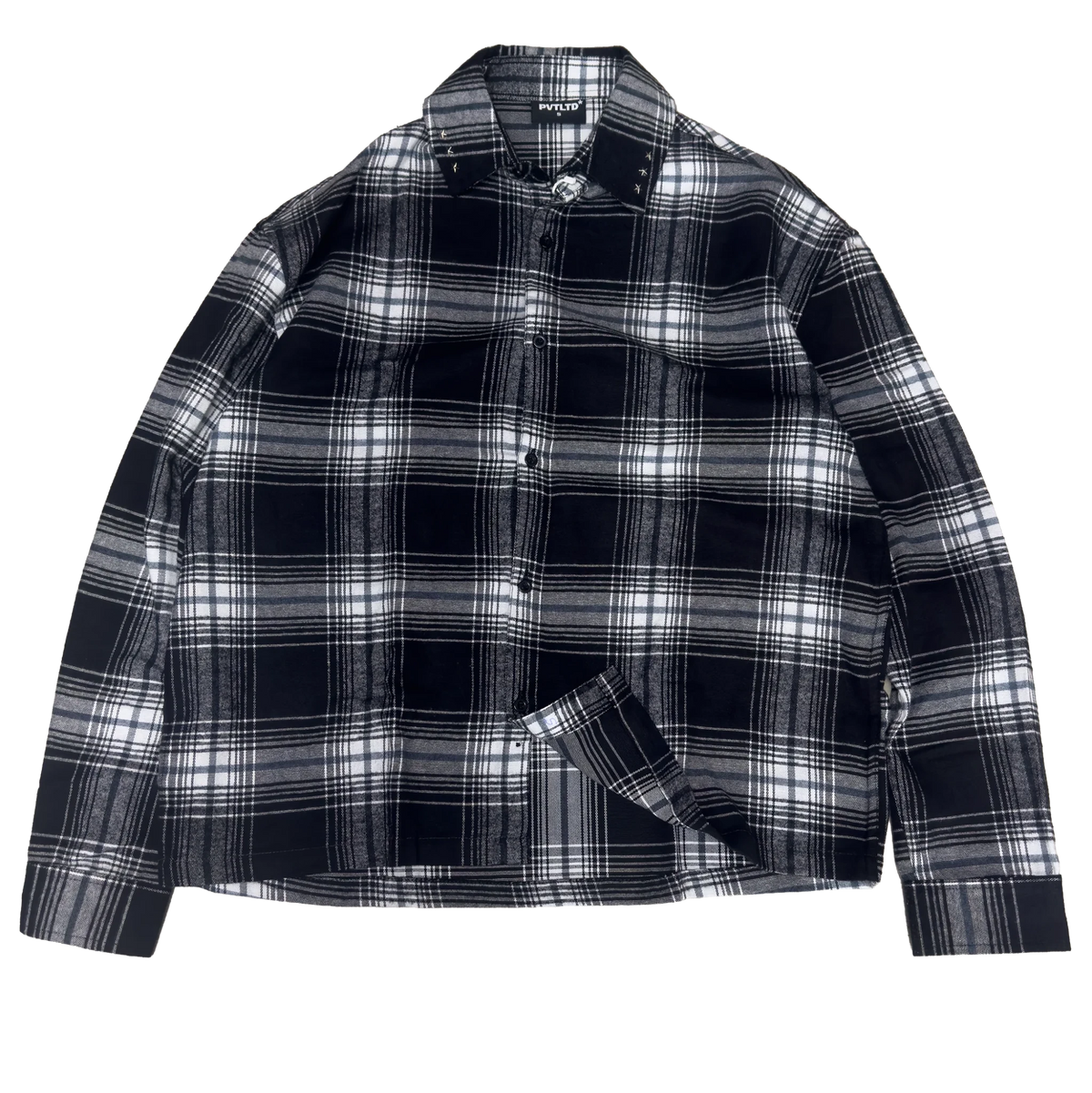 Dark navy and white plaid button-up shirt with chest pockets and long sleeves