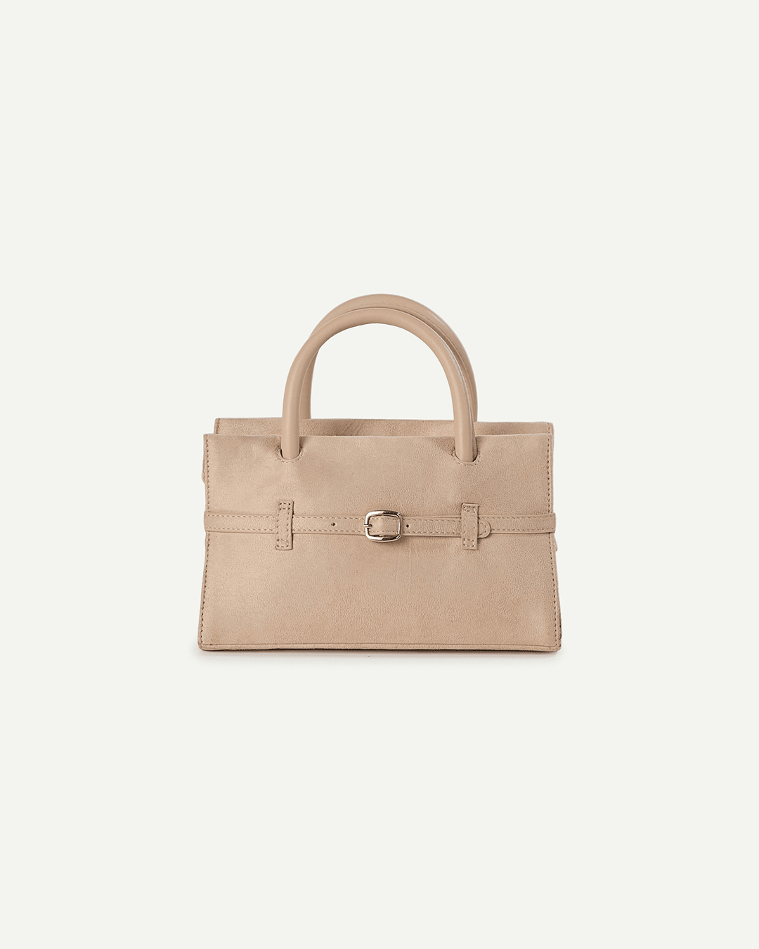 Mini cream handbag with top handles, front buckle closure and side tabs