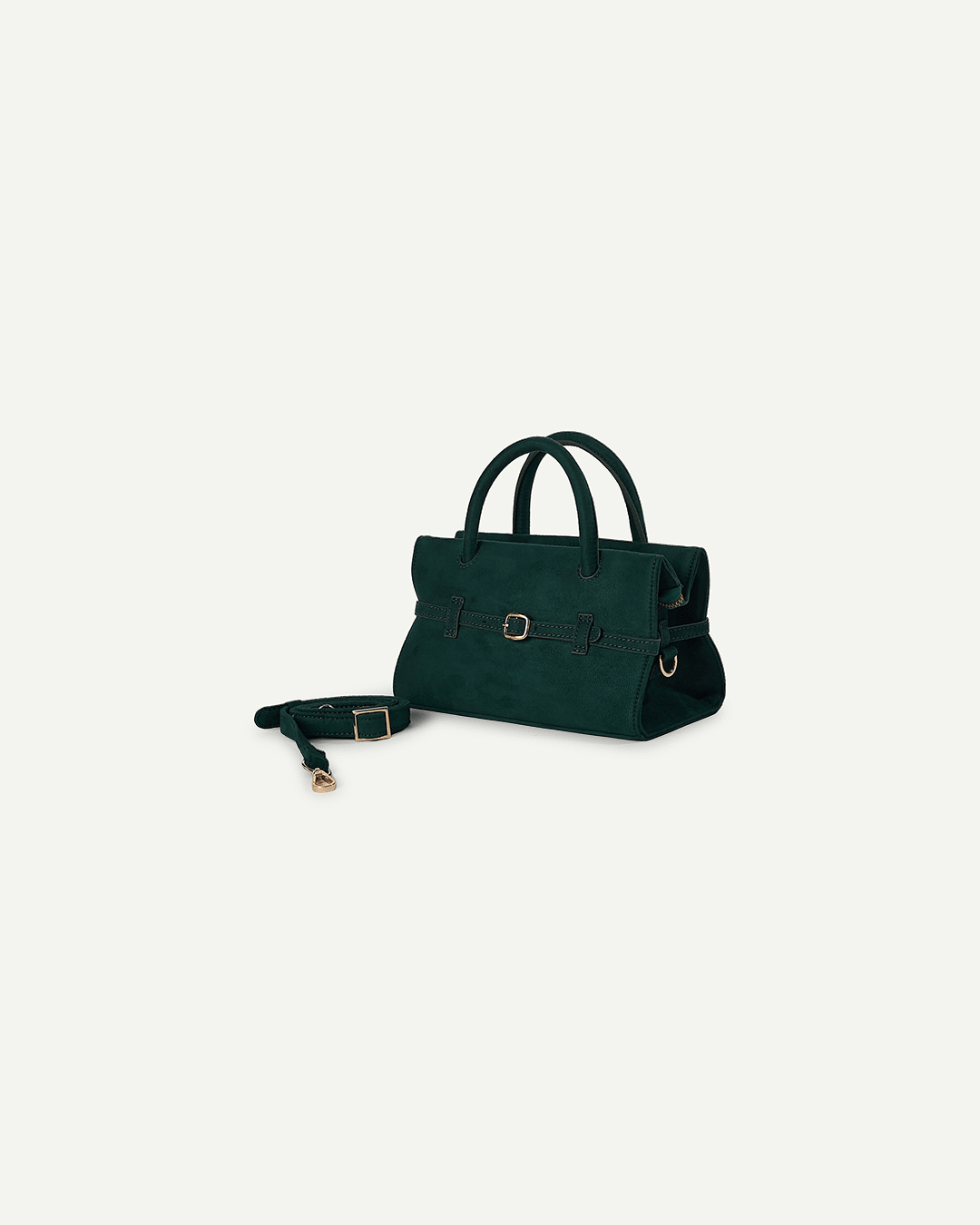 Mini emerald green suede-look handbag with top handles, front buckle detail