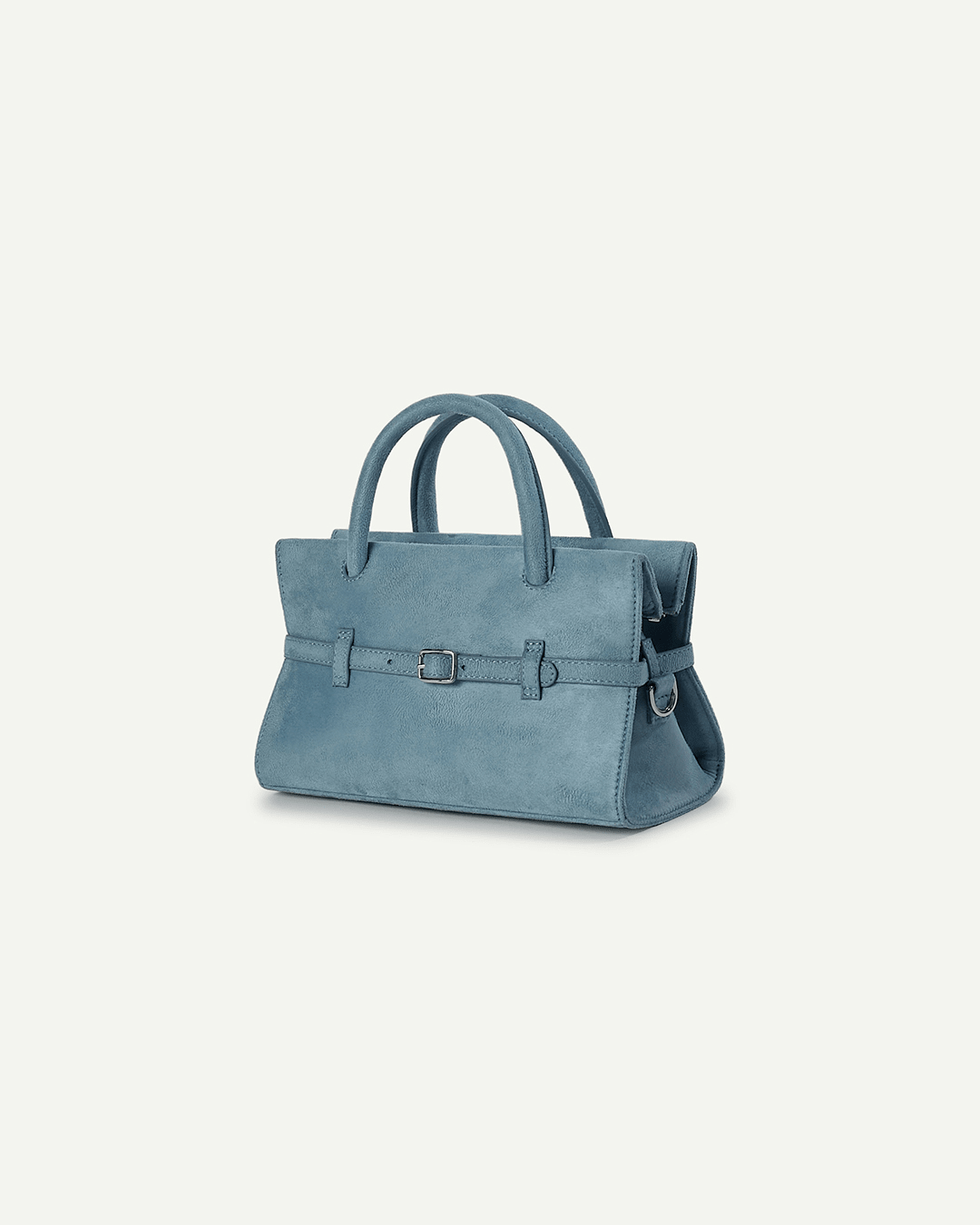 Powder blue mini handbag with structured top handles and side buckle details