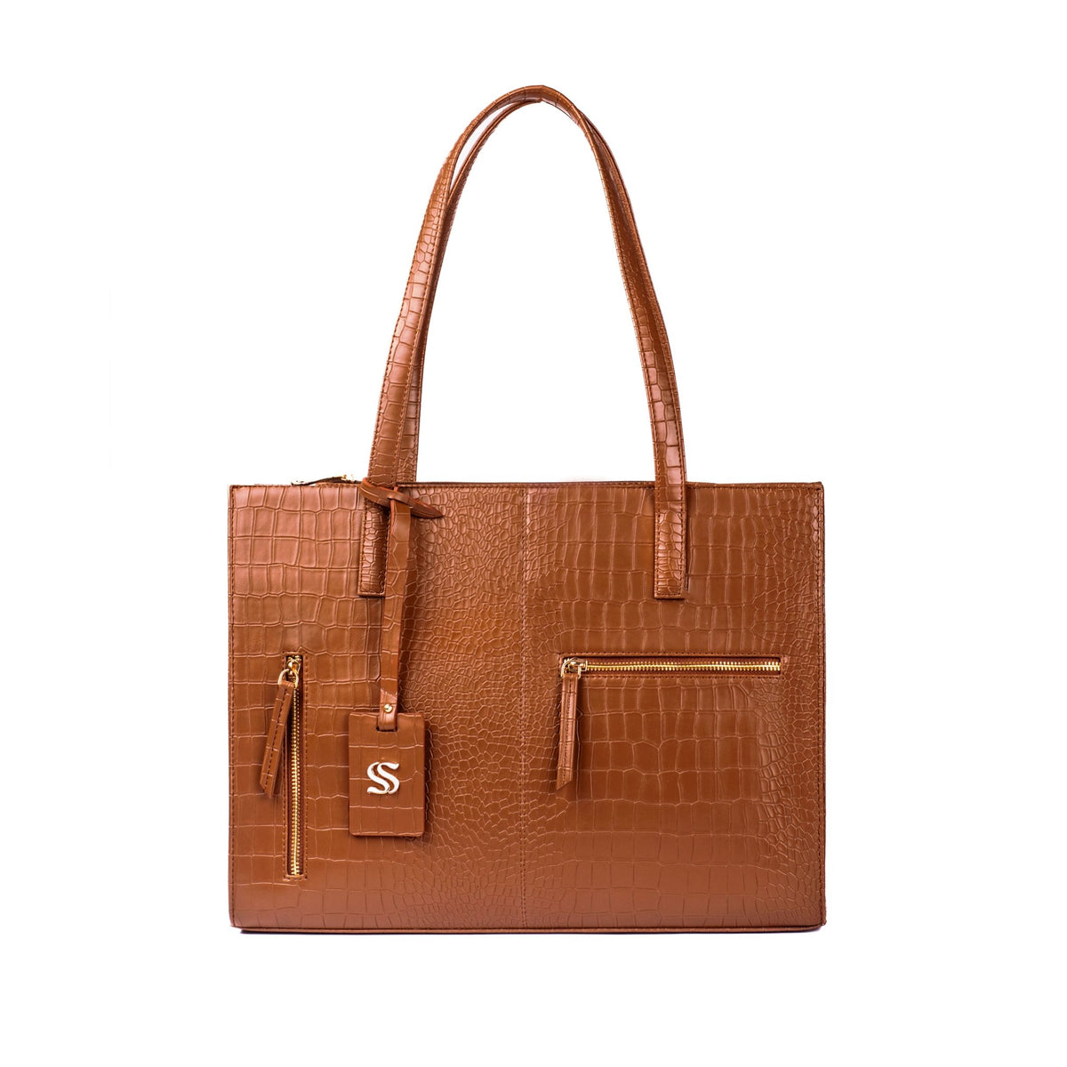 Croc-pattern Amira tote bag with front zip pocket and hanging S keychain charm