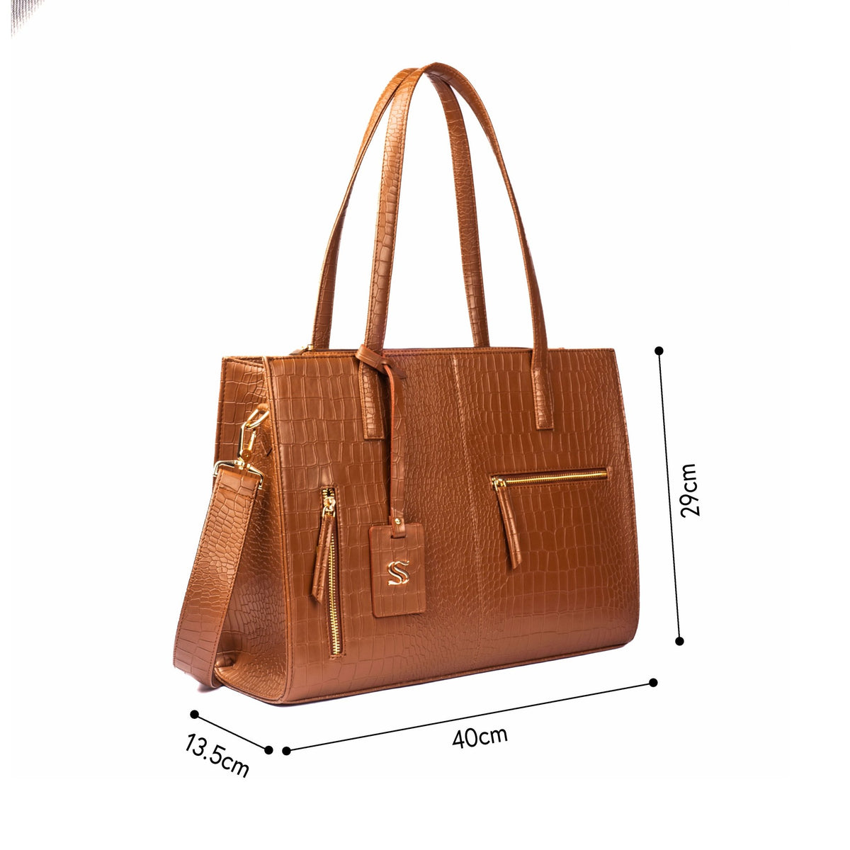 Croc-textured tote bag with size markers (13.5cm, 40cm, 20cm) and small crossbody pouch