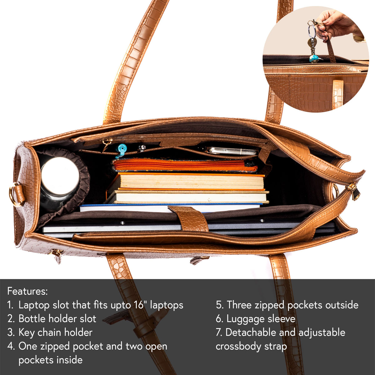 Open tote bag interior with laptop sleeve for up to 16-inch laptops and zipped pockets