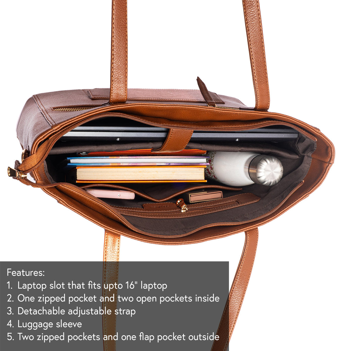 Open mocha-brown tote showing padded laptop sleeve and interior zip pockets
