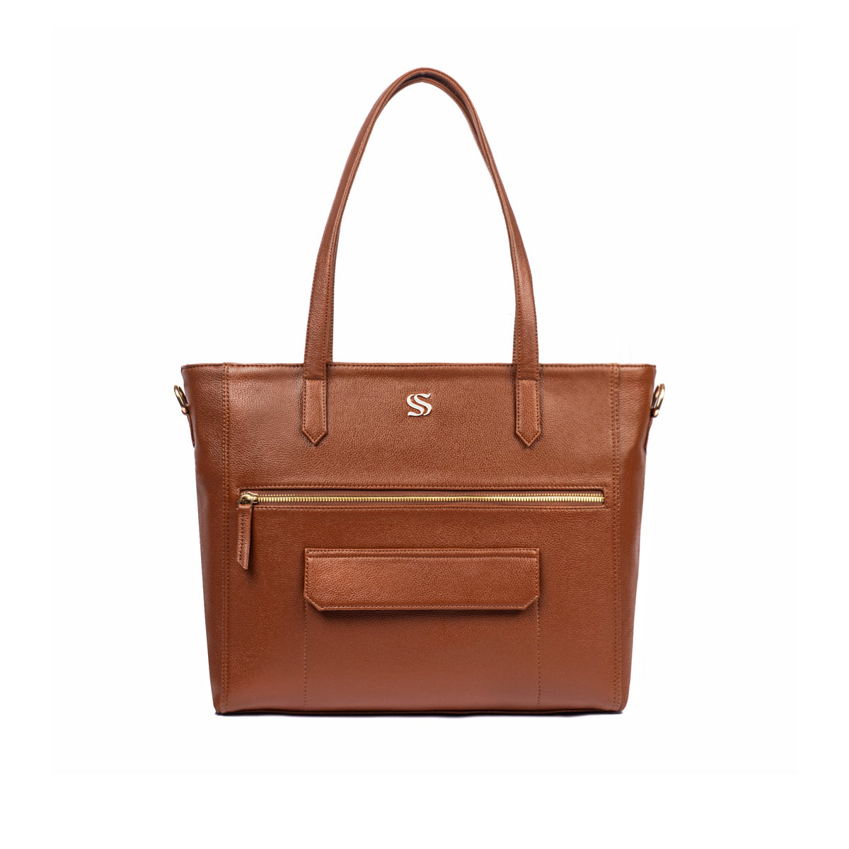 Mocha-brown tote bag front panel with gold zipper, embossed S, and stitched organizer pocket