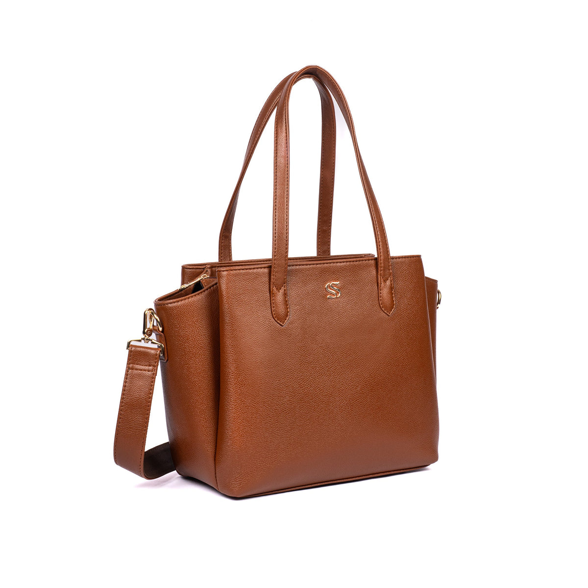 Brown structured laptop tote with top handles and detachable shoulder strap