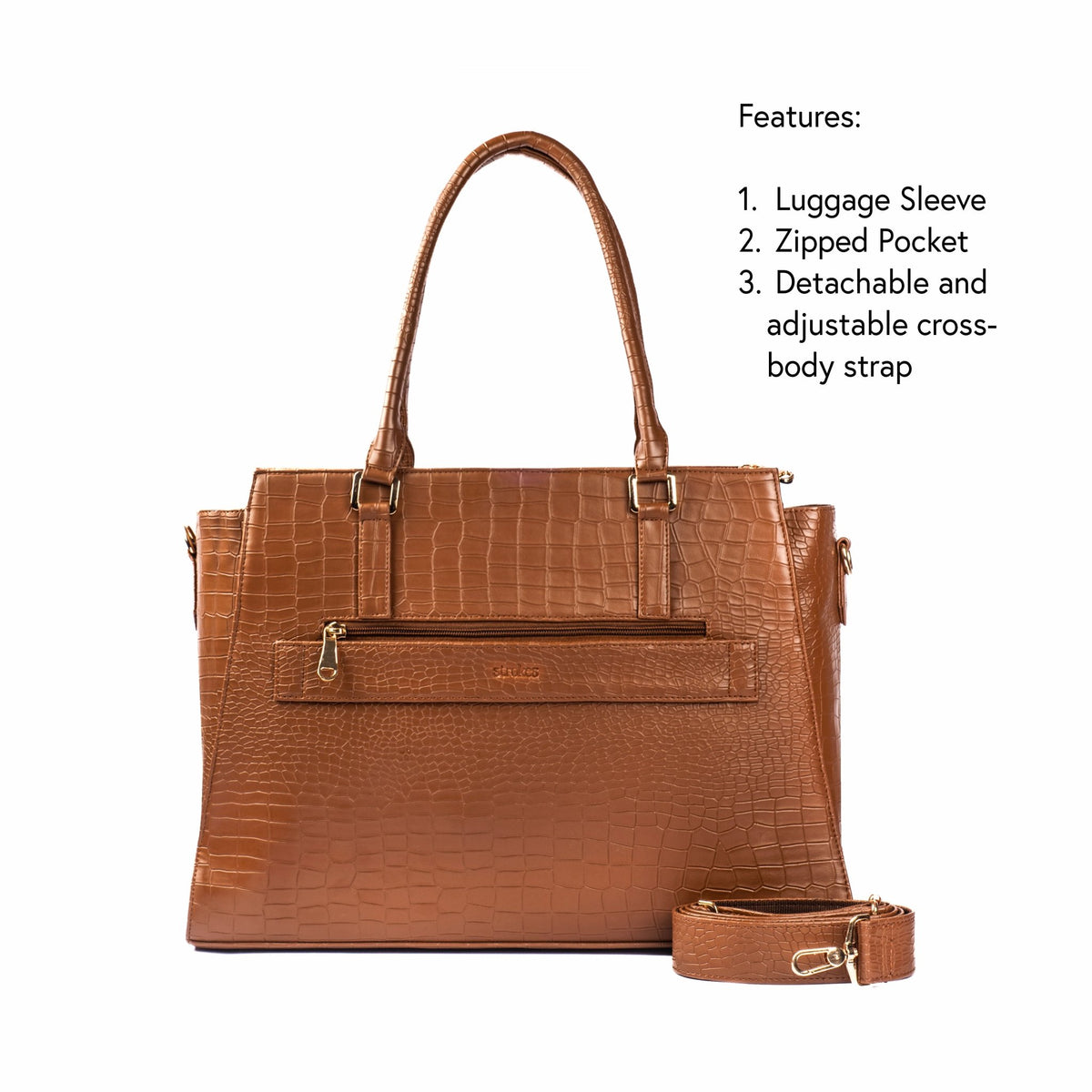 Brown croc-texture tote with detachable crossbody strap and front luggage sleeve