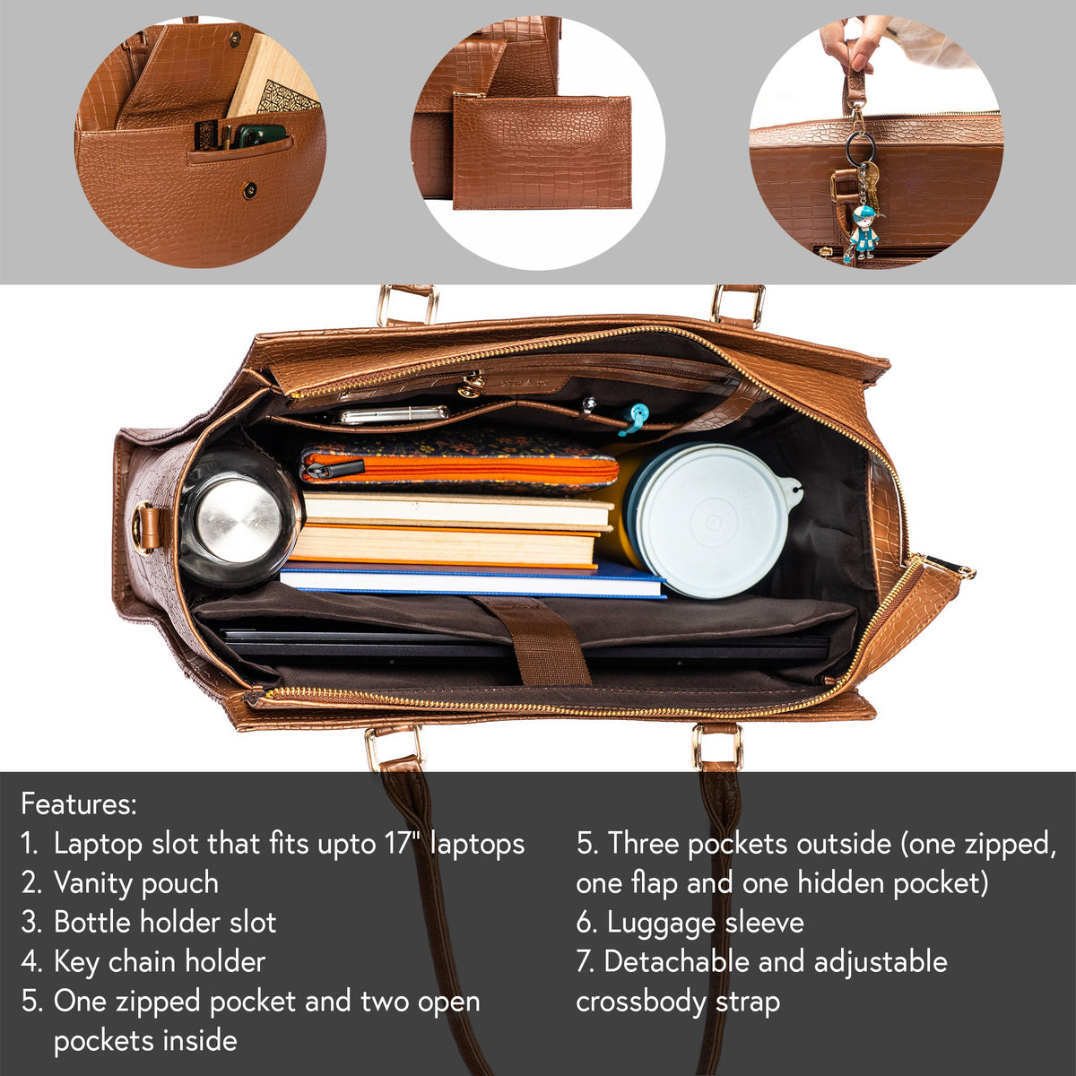 Brown croc-texture tote interior with zip compartments for laptop and personal items