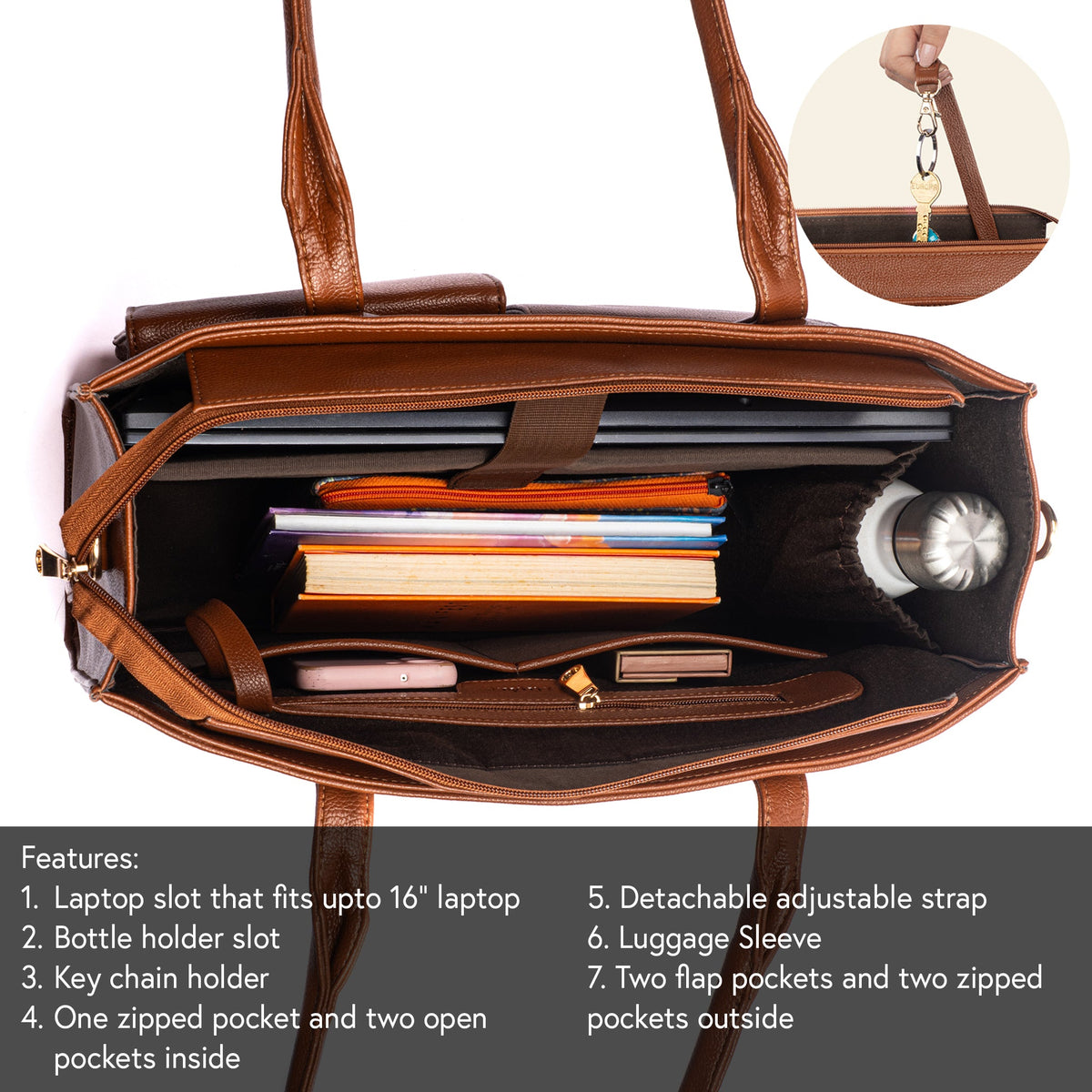 Mocha leather open tote showing laptop sleeve, organizer pockets, and detachable strap