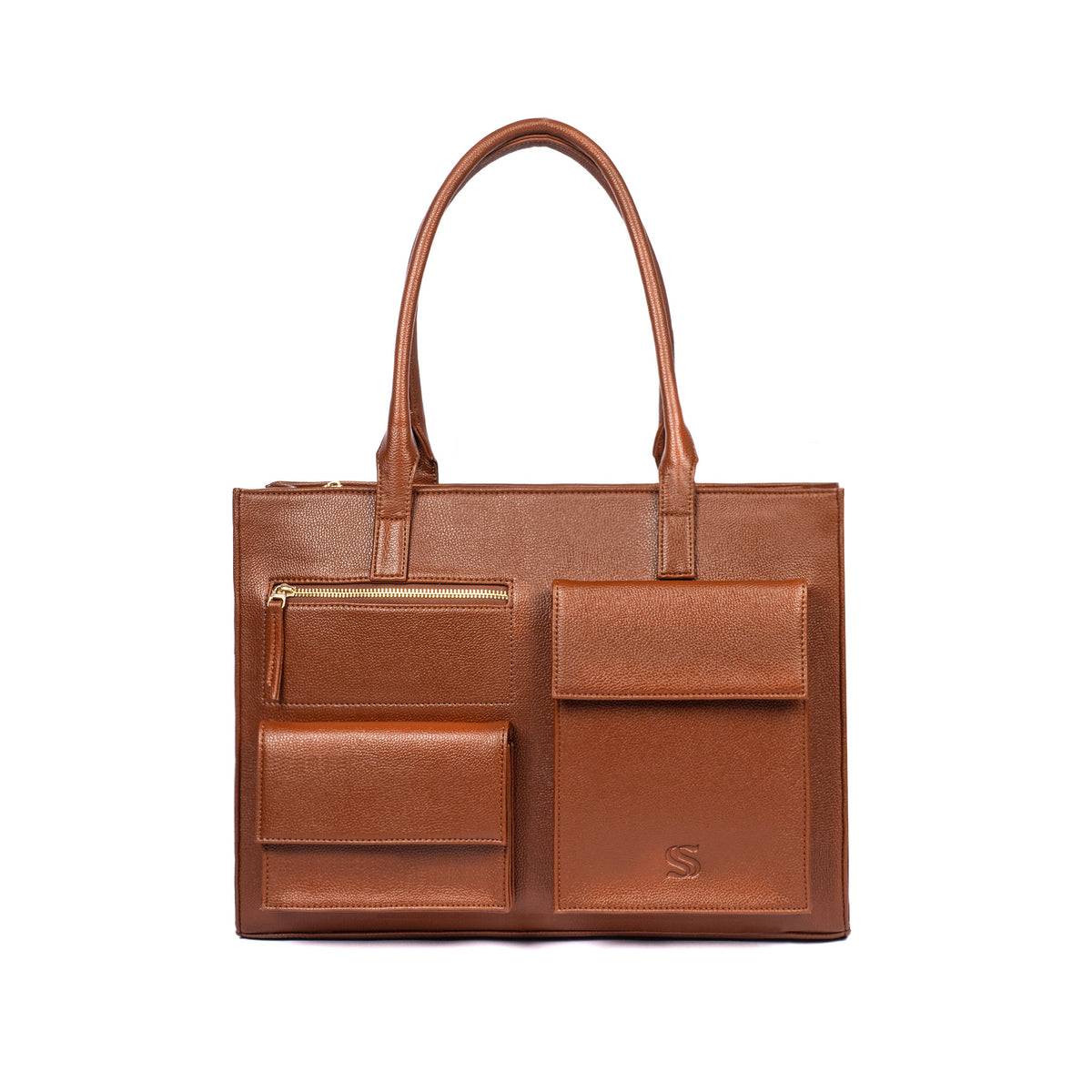 Mocha leather tote with multiple front pockets and embossed S logo