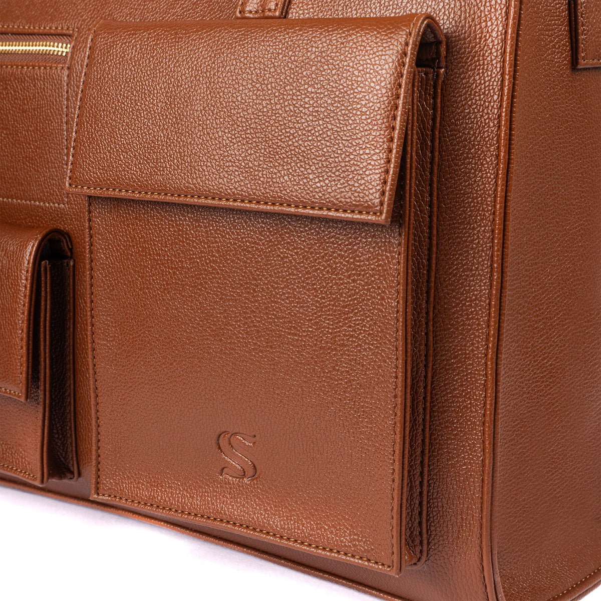 Mocha leather tote bag with front flap pocket and embossed S emblem