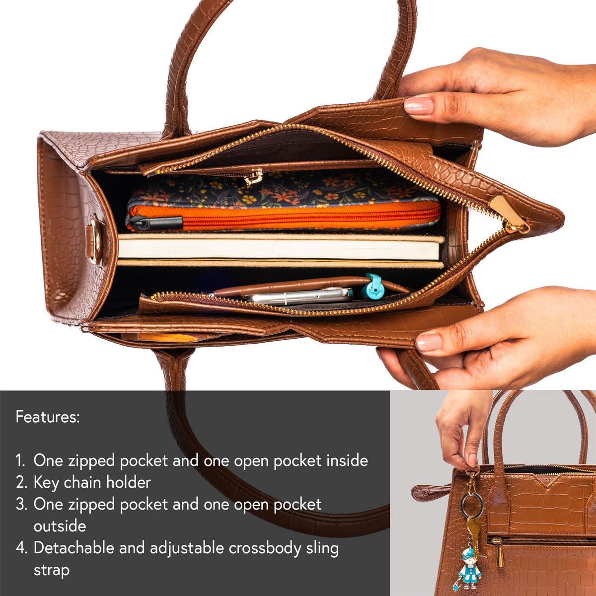 Mocha croc-texture handbag interior view with pockets and zipper top opening