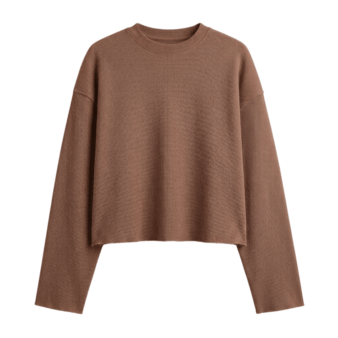 Mocha waffle knit cropped long-sleeve sweater, crew neck, front view