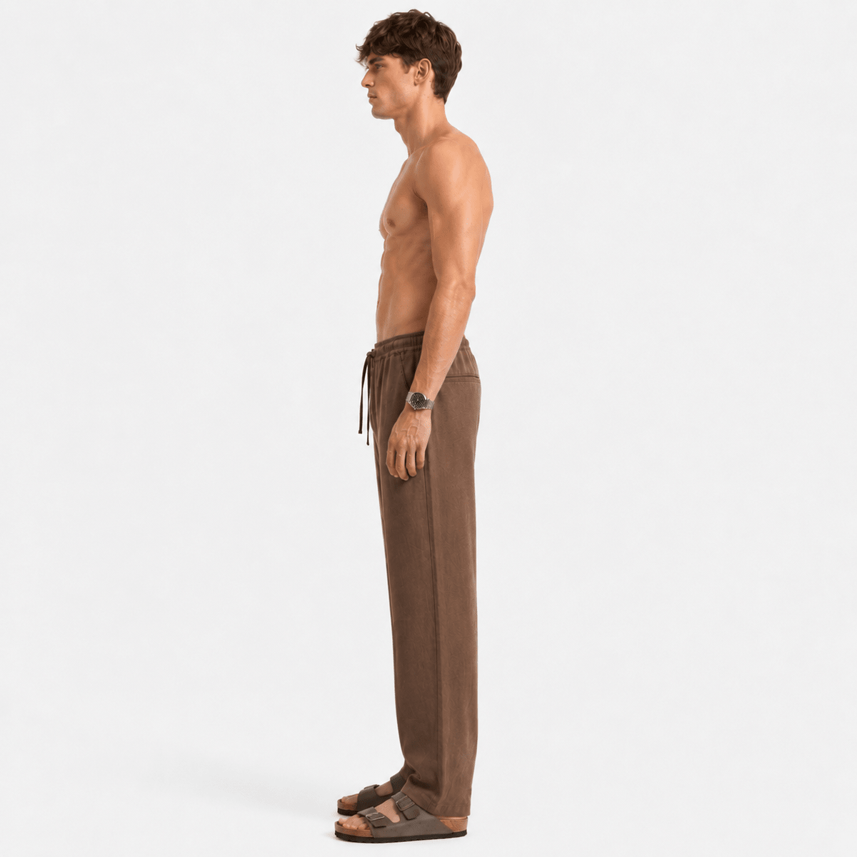 Men's mocha-brown linen pull-on pants, side view with ankle-length legs