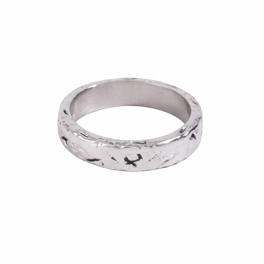 Silver-tone textured metal ring band, round silhouette