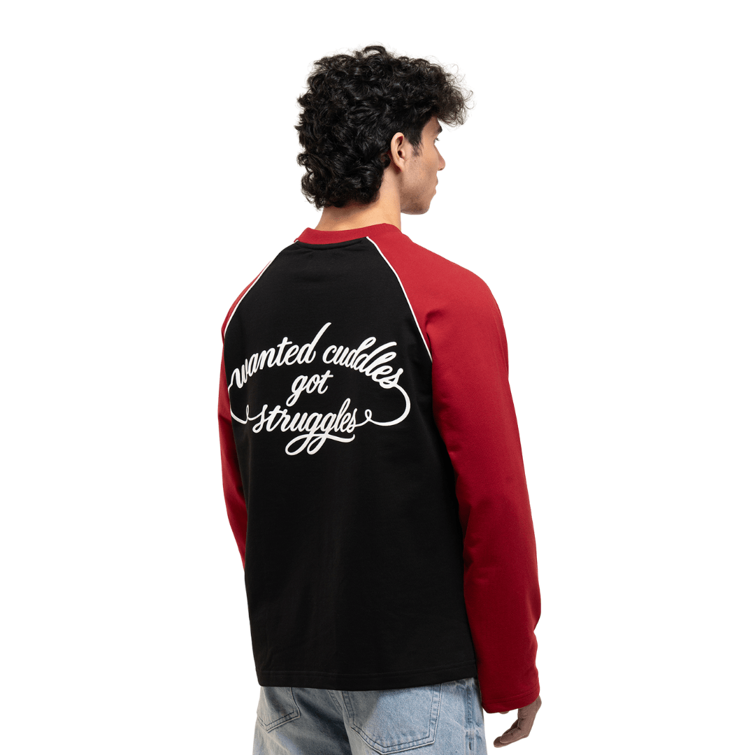 Men's black raglan baseball T-shirt with red sleeves and full-size white back script