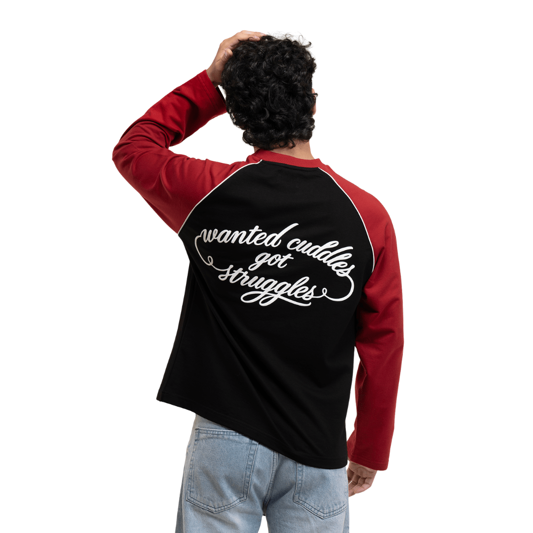 Men's black raglan baseball T-shirt with red sleeves and white script back graphic