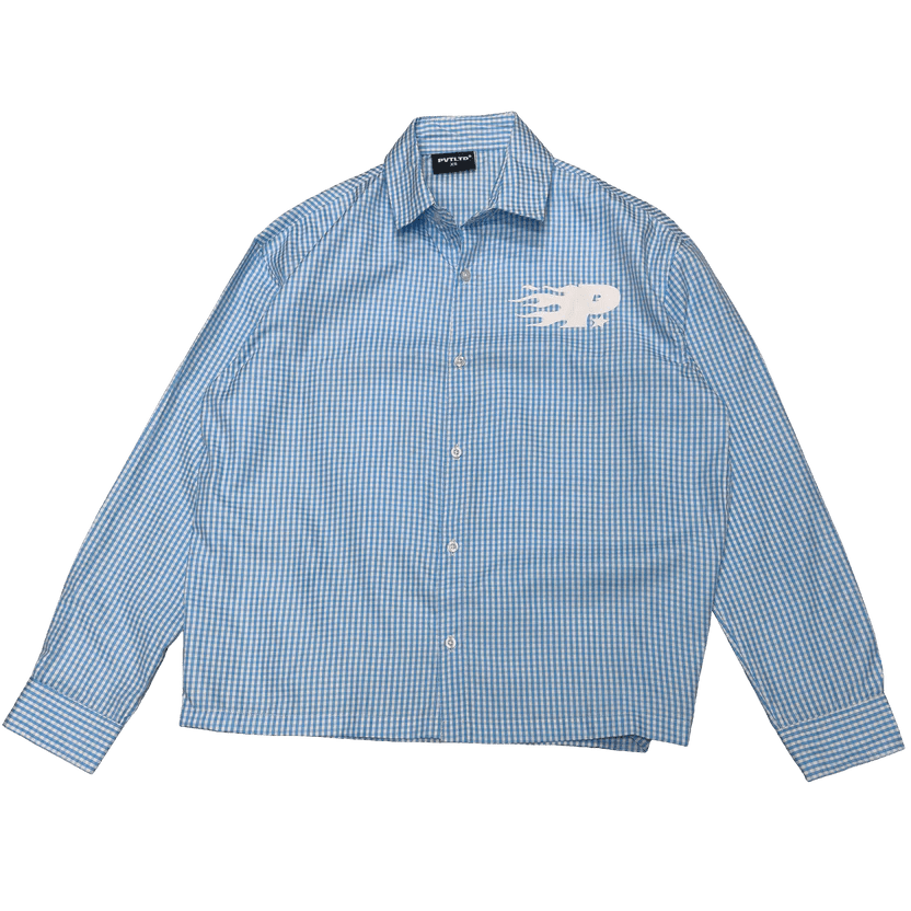 Blue check button-up shirt with chest logo
