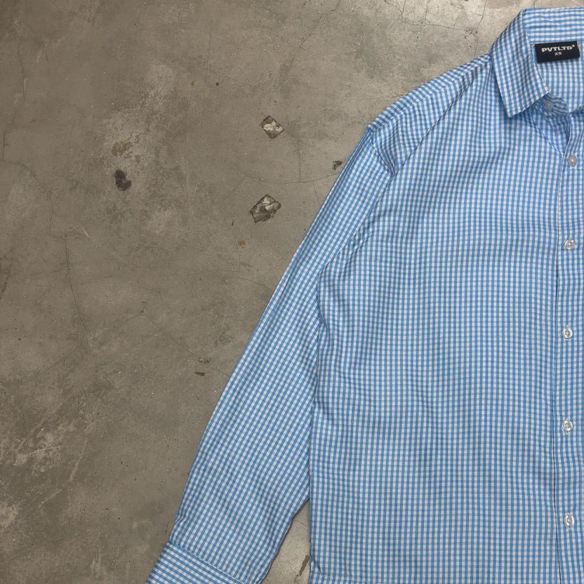 Blue check button-up shirt with button placket detail