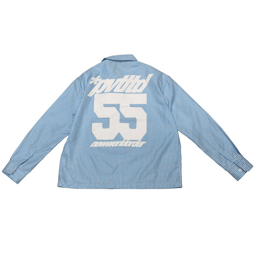 Blue check button-up shirt with large back graphic
