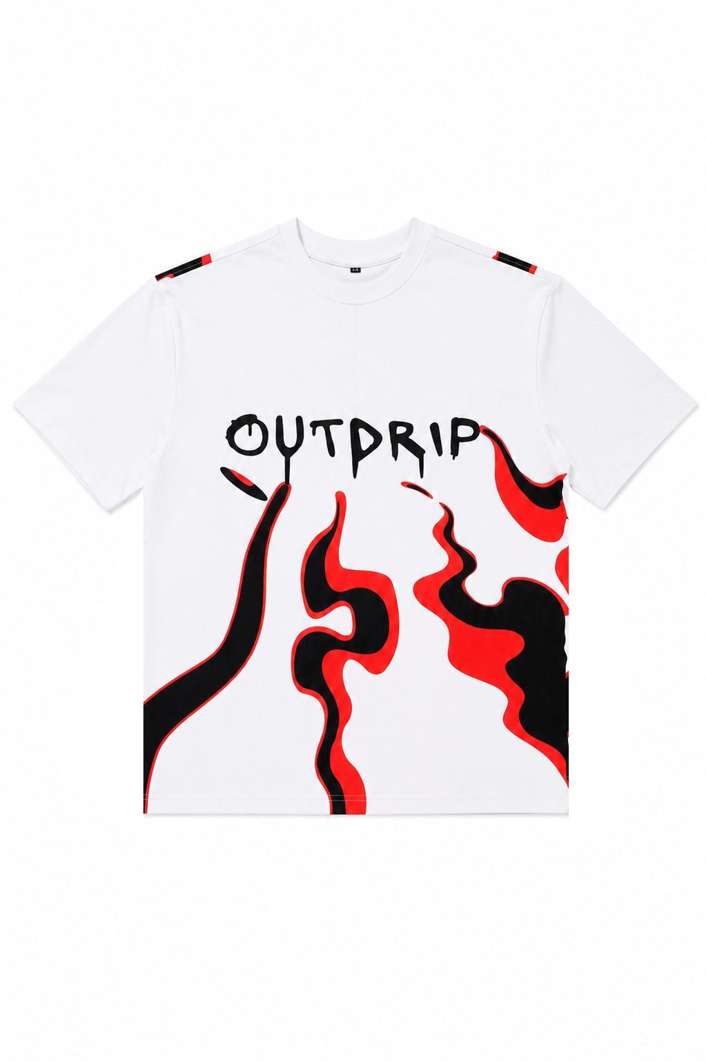 White graphic observer T-shirt with OUTDRIP text and red-black flame print