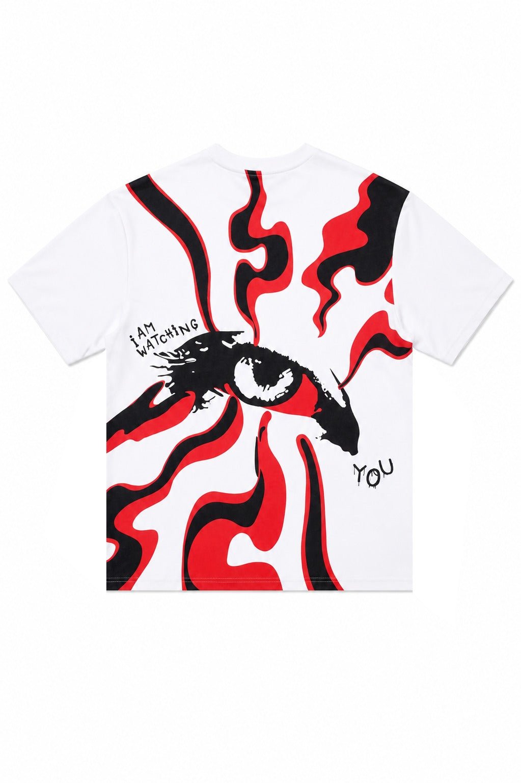 White graphic observer T-shirt with black face and red flame abstract print