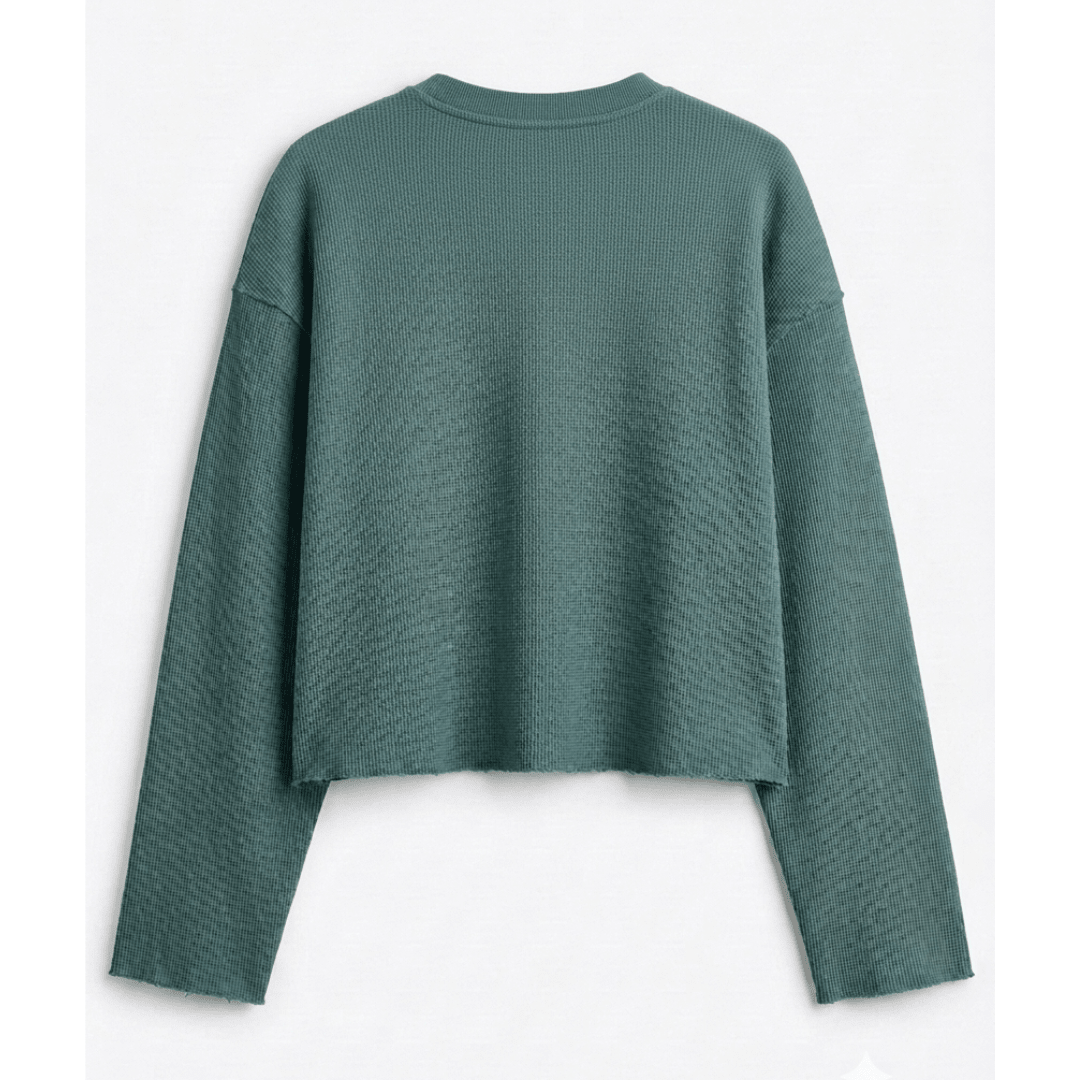Ocean teal waffle knit long-sleeve crop top with crew neck and loose fit