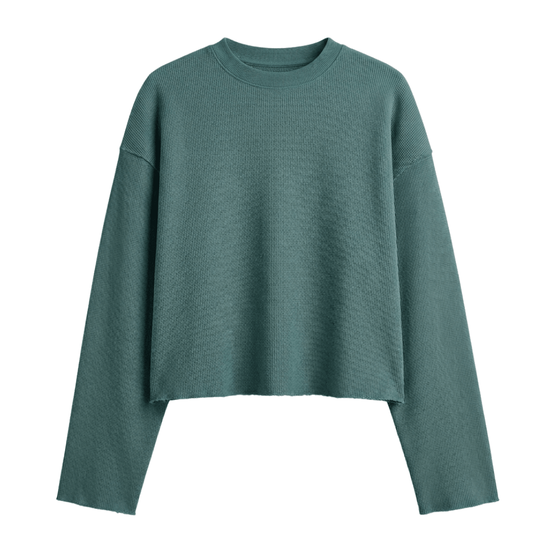 Ocean teal waffle knit long-sleeve crop top, crew neck, relaxed wide sleeves