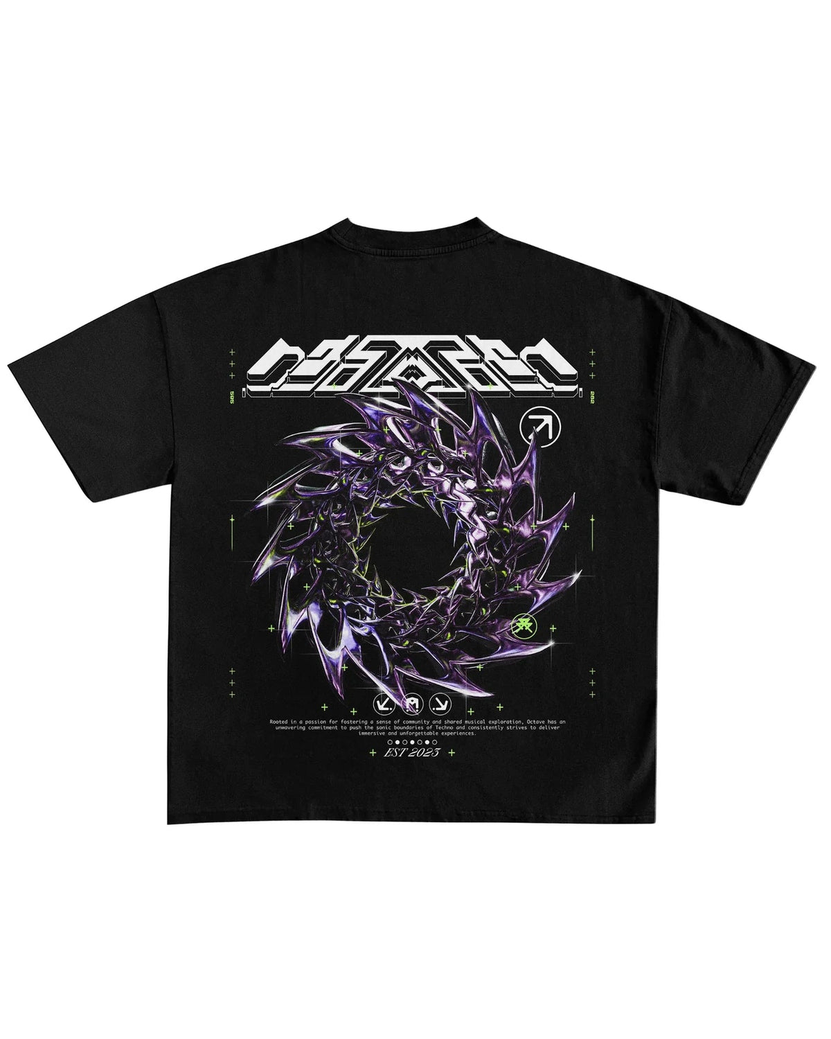 Black crewneck T-shirt with large futuristic purple graphic on front