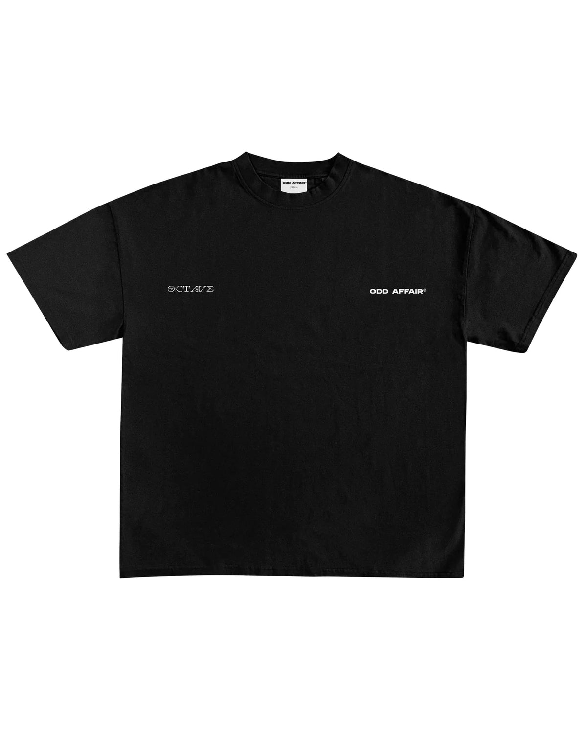 Black crewneck T-shirt with small left chest logo graphic
