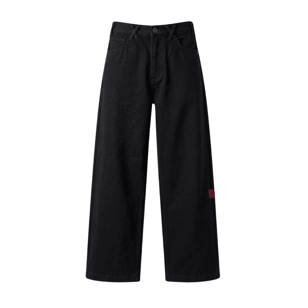 Black straight wide-leg jeans with button closure and belt loops.