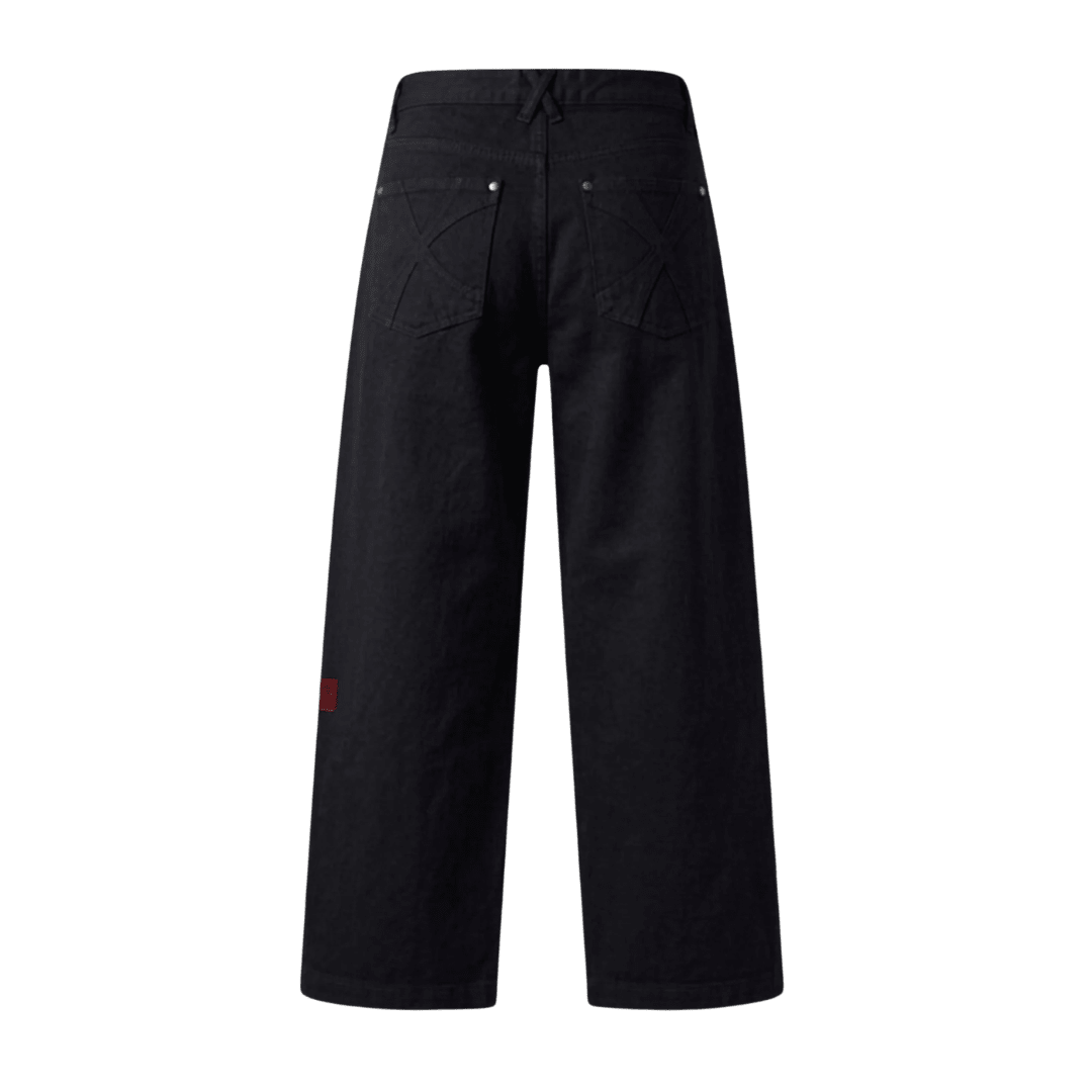 Black straight wide-leg jeans, back view with back pockets and button waistband.