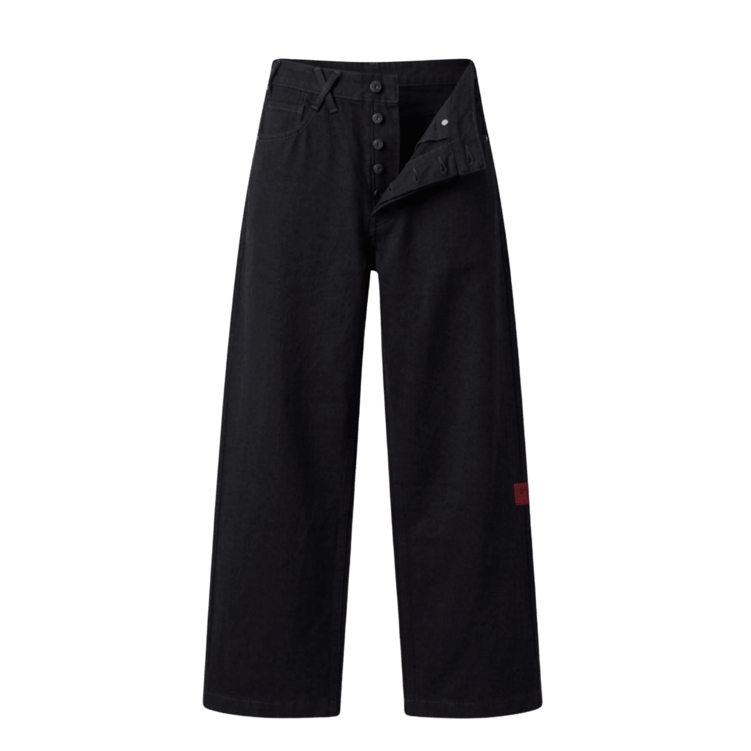 Black straight wide-leg jeans with button front, slant pockets, and a wide leg opening.