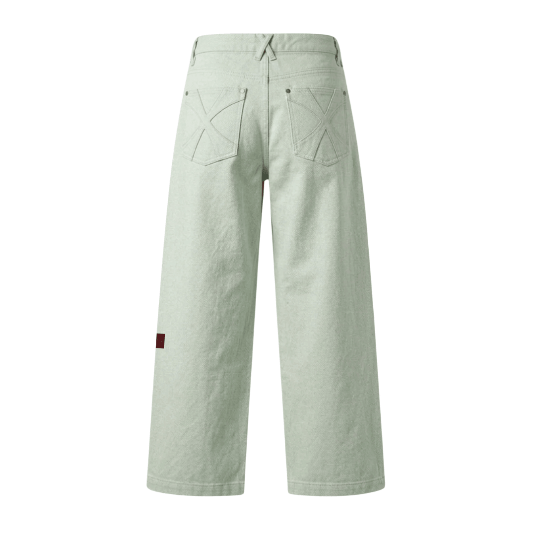 Mint wide-leg jeans, back view, flap pockets, stitched seams, belt loops