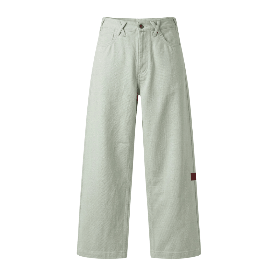 Mint wide-leg jeans, front view, button closure, side pockets, small red patch