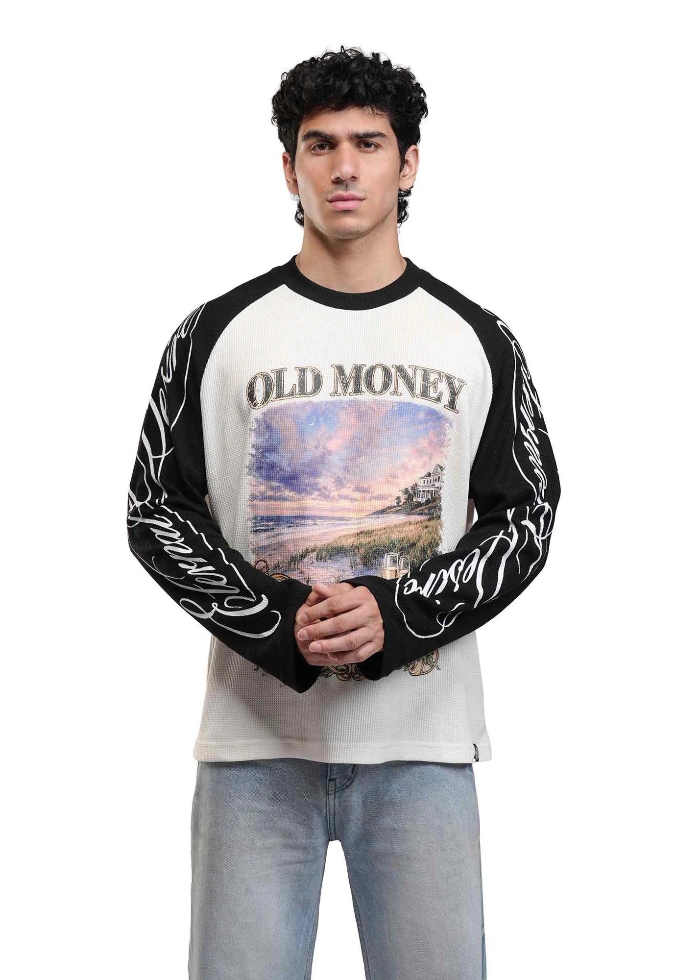 Men's raglan sweatshirt with black sleeves, cream body, Old Money Luxury graphic