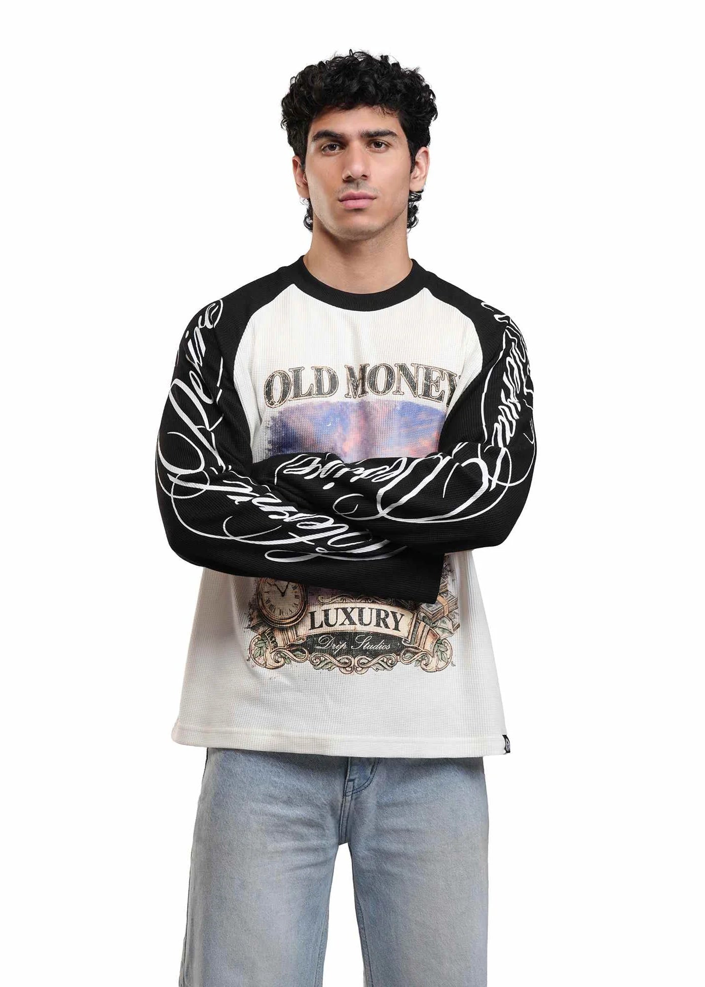 Men's raglan sweatshirt with black sleeves, cream body, Old Money Luxury graphic